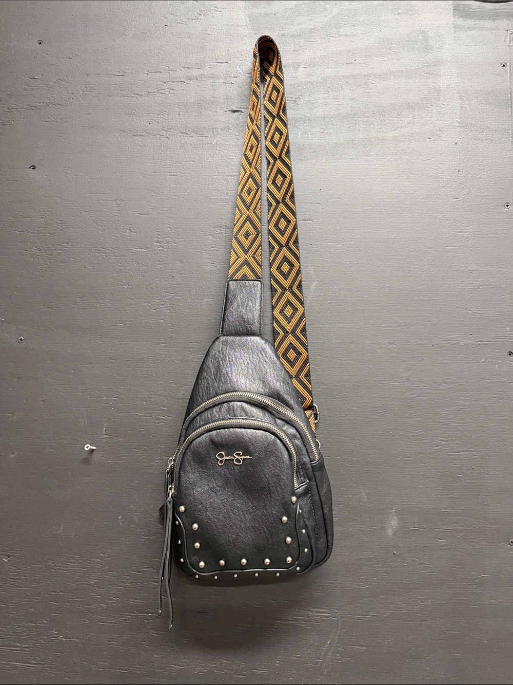 Jessica Simpson Black Studded Crossbody Sling with Geometric Strap